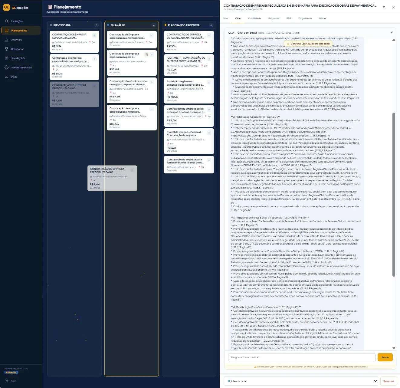 QLIA — assistente de IA aberto no painel de planejamento